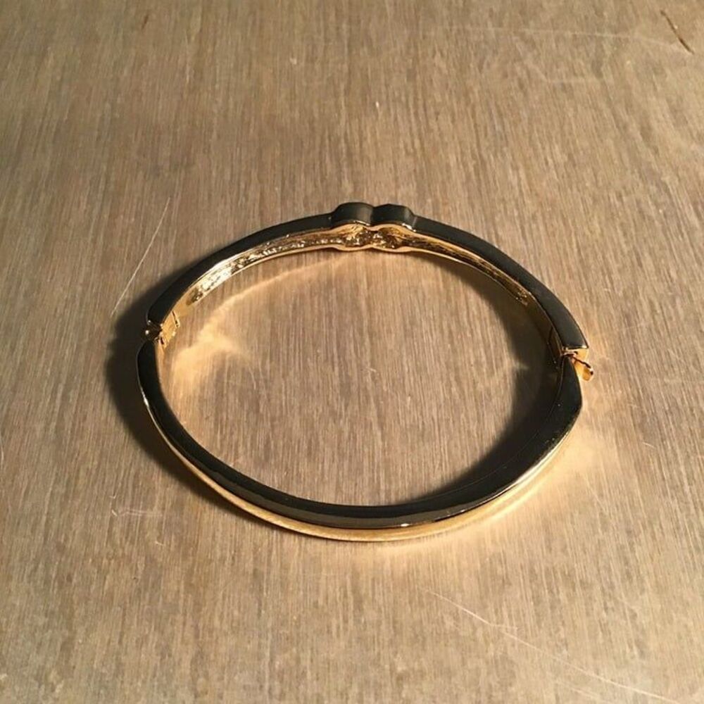 Vintage Gold Tone Square Knot Hinged Bangle Bracelet Crystal Rhinestone Inlay